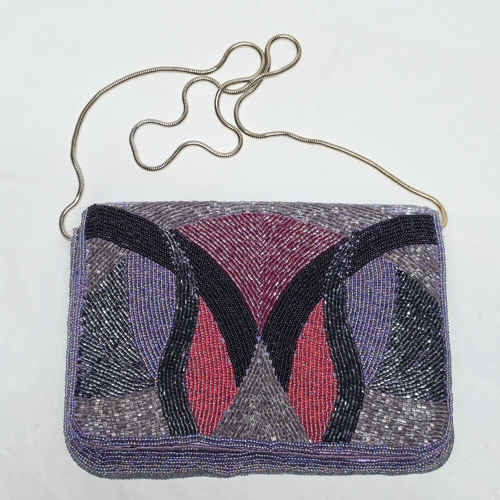 Vintage 80s Beaded Minaudiere Clutch Evening Purse With Chain Art Deco Purple
